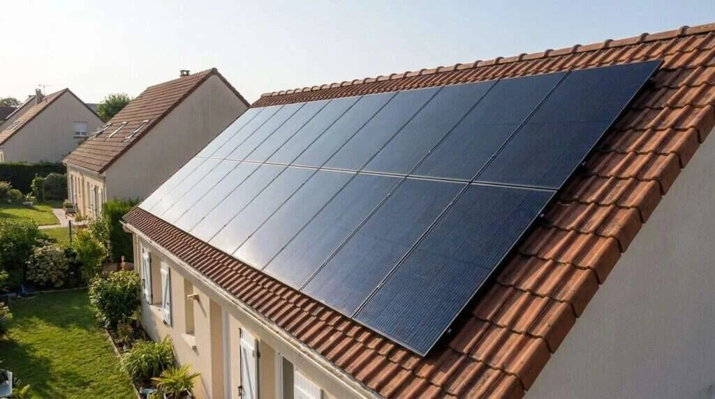 Panneaux monocristallins 470 W full black bi-verre sur une toiture en tuiles d'un pavillon à Cergy dans le Val-d'Oise