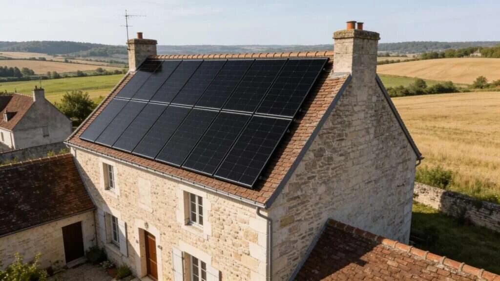Maison du Vexin avec panneaux solaires, village du Val-d'Oise