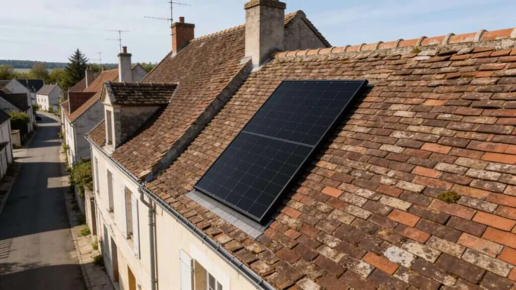 Village des Yvelines, toitures en tuiles dont une équipée de panneaux solaires