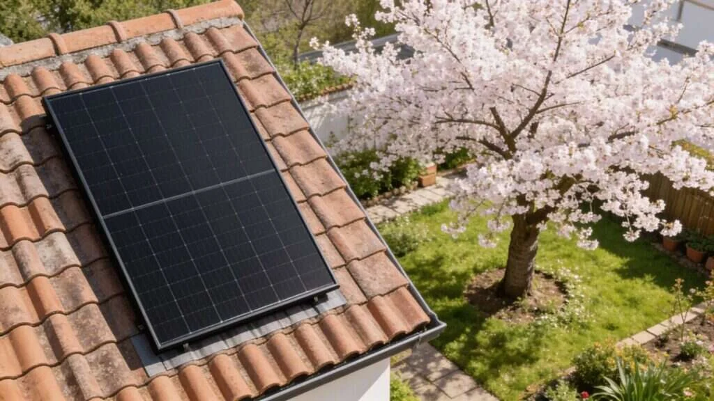 Toiture équipée de panneaux solaires au printemps