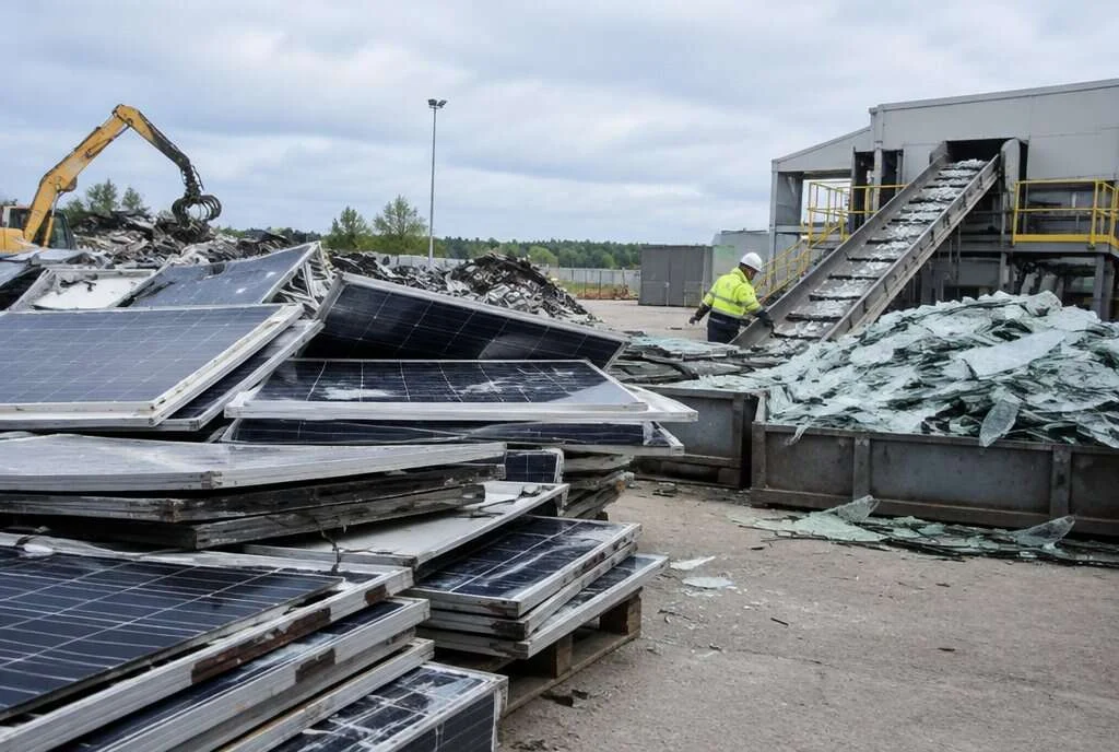 Centre de recyclage avec piles de panneaux solaires démontés et verre en cours de tri