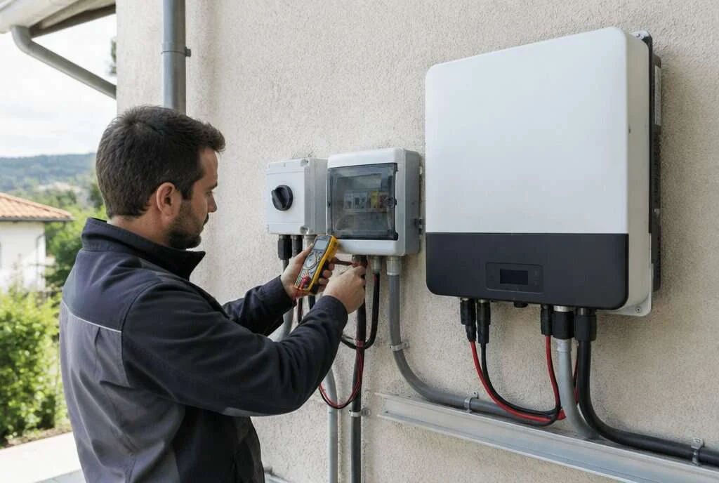 Électricien contrôlant au multimètre le coffret de protection d'un onduleur solaire