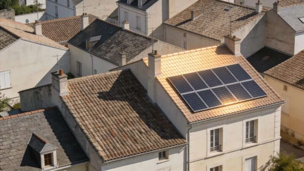 Vue aérienne de toitures, un pan sud équipé de panneaux solaires