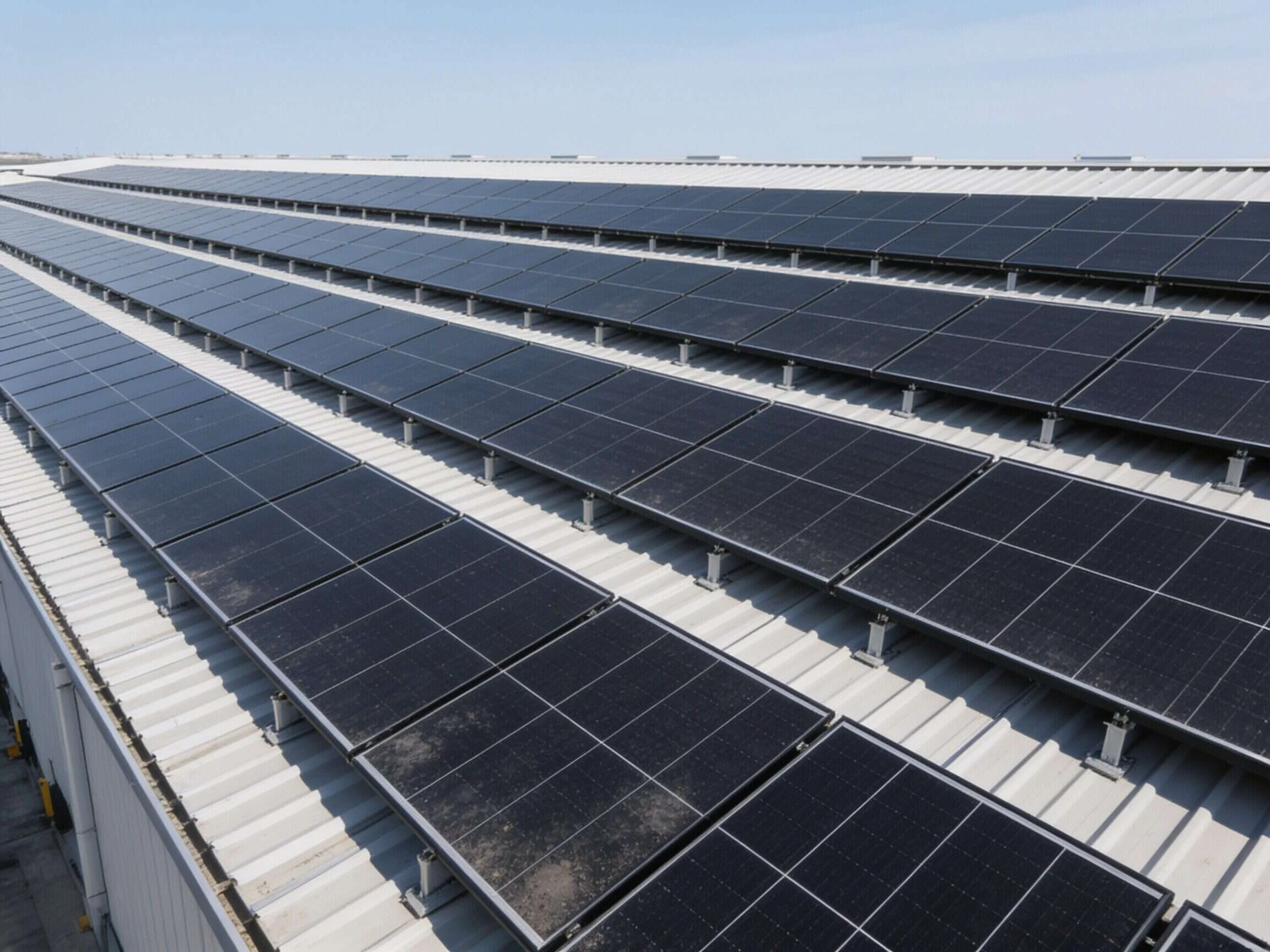 Toiture d entrepot logistique couverte de panneaux solaires tout noir, vue aerienne