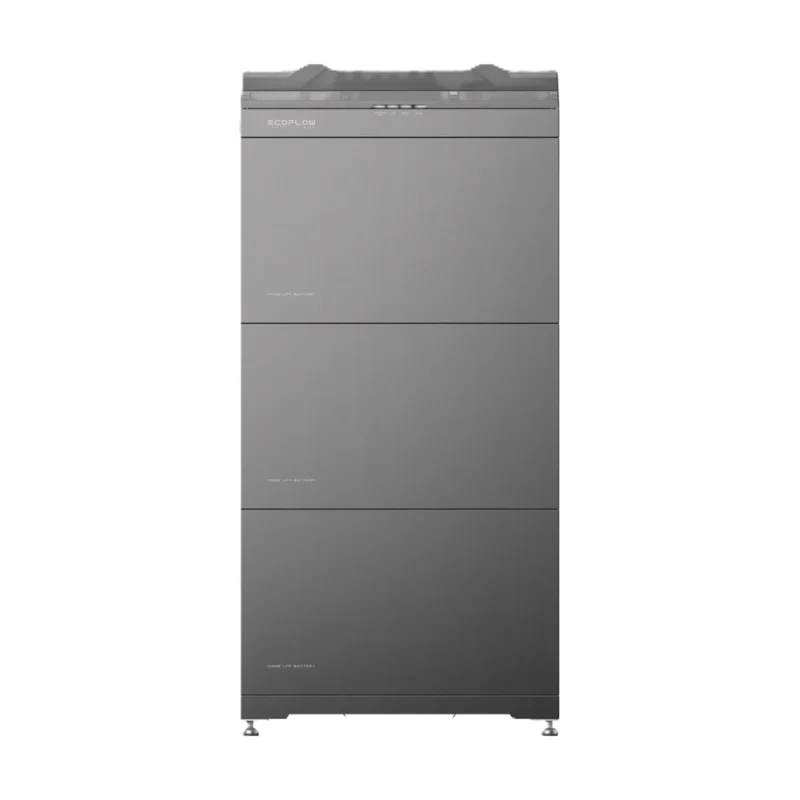Batterie EcoFlow PowerOcean triphasée : boîtier de jonction gris au-dessus de trois modules LFP sur socle