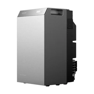 Batterie EcoFlow STREAM 5000 vue de trois quarts, caisson argenté et flanc noir avec bornes solaires