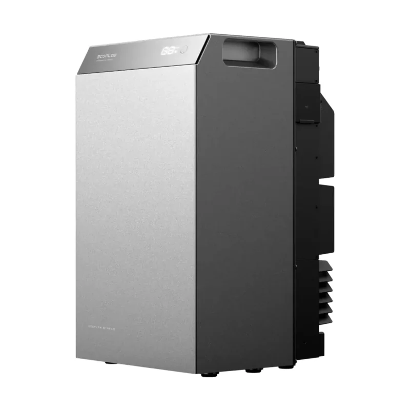 Batterie EcoFlow STREAM AC 5000 vue de trois quarts, caisson argenté et flanc noir sans bornes solaires