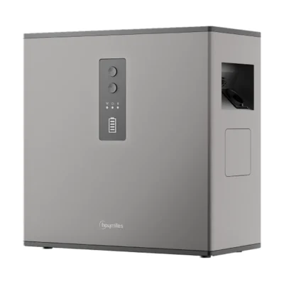 Batterie Hoymiles MS-A2 vue de trois quarts, boîtier gris avec boutons, voyants et logement de prise latéral