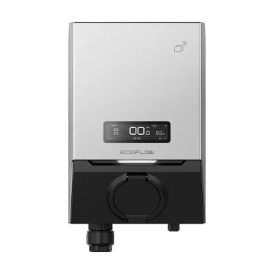 Borne de recharge EcoFlow PowerPulse 2 murale vue de face, façade argentée à écran et prise de type 2 en partie basse