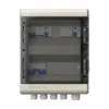 Coffret AC EcoFlow PowerOcean ouvert en façade transparente, disjoncteurs bleus sur rail DIN et presse-étoupes