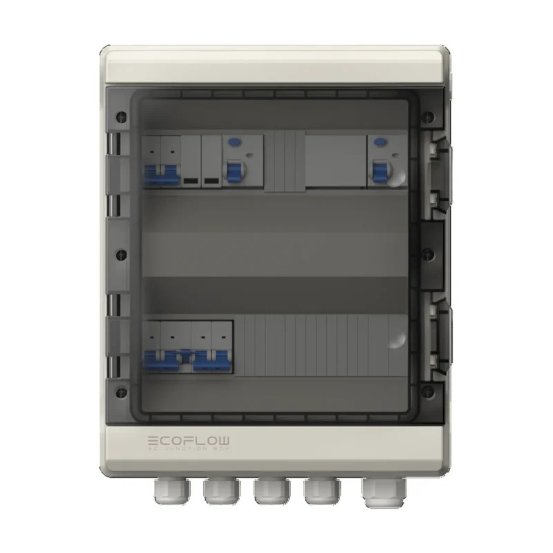Coffret AC EcoFlow PowerOcean ouvert en façade transparente, disjoncteurs bleus sur rail DIN et presse-étoupes