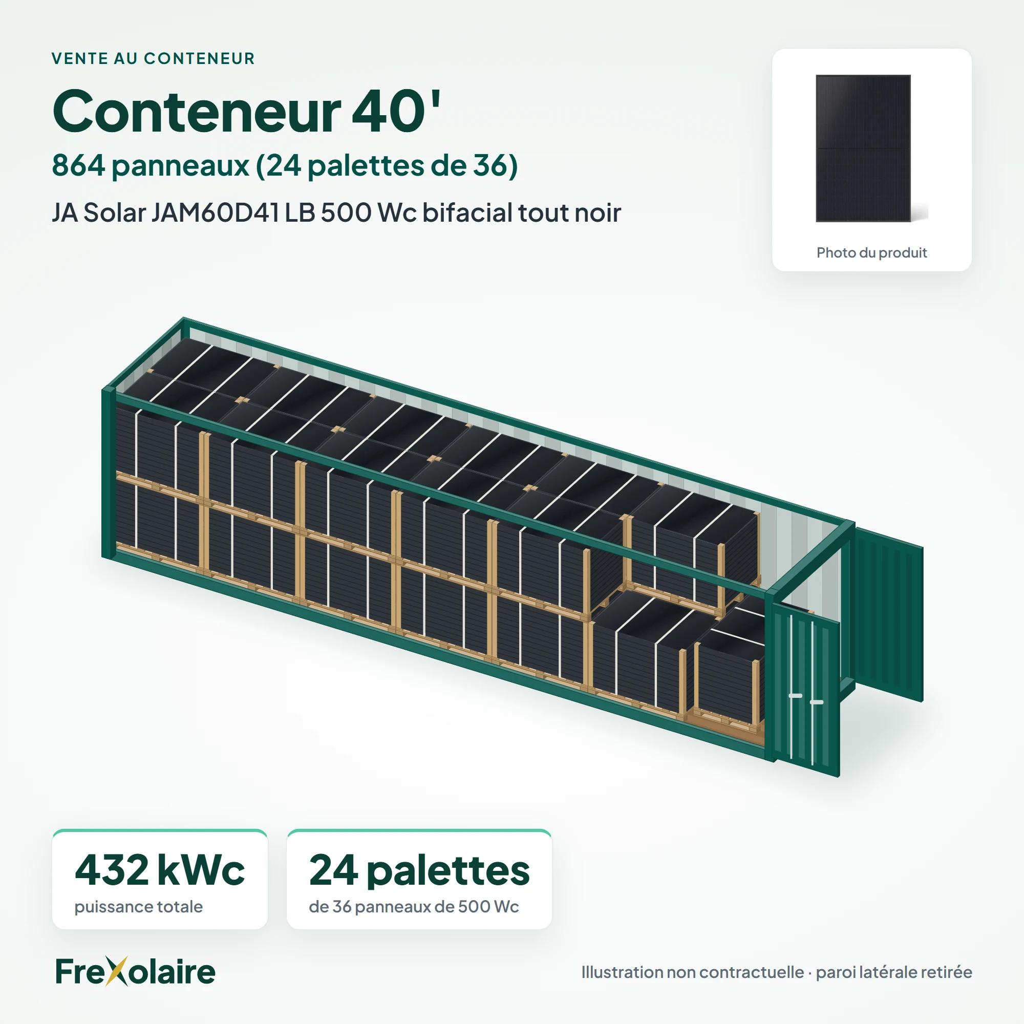 Conteneur 40' de 864 panneaux JA Solar JAM60D41 LB 500 Wc bifacial tout noir – illustration non contractuelle