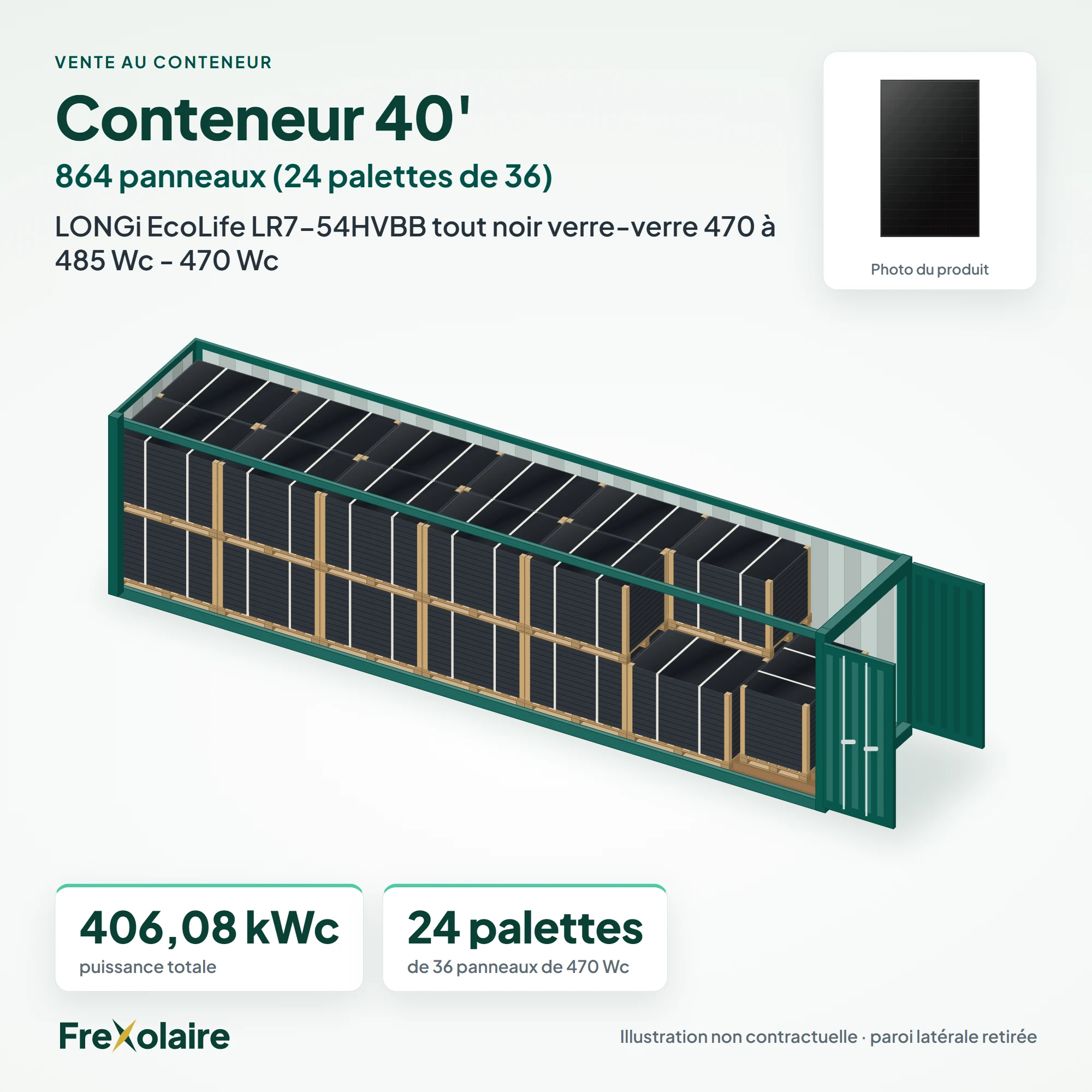 Conteneur 40' de 864 panneaux LONGi EcoLife LR7-54HVBB tout noir verre-verre 470 à 485 Wc – illustration non contractuelle