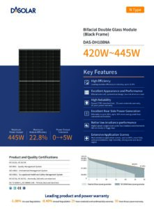 Fiche technique Panneau solaire DAS Solar DH108NA 440 Wc bifacial bi-verre cadre noir