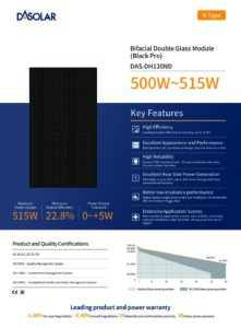 Fiche technique Panneau solaire DAS Solar DH120ND Black Pro 500 Wc bifacial tout noir