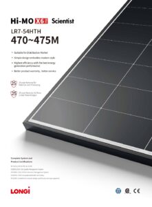 Fiche technique Panneau solaire LONGi Hi-MO X6 Max Scientist LR7-54HTH 470 Wc cadre noir