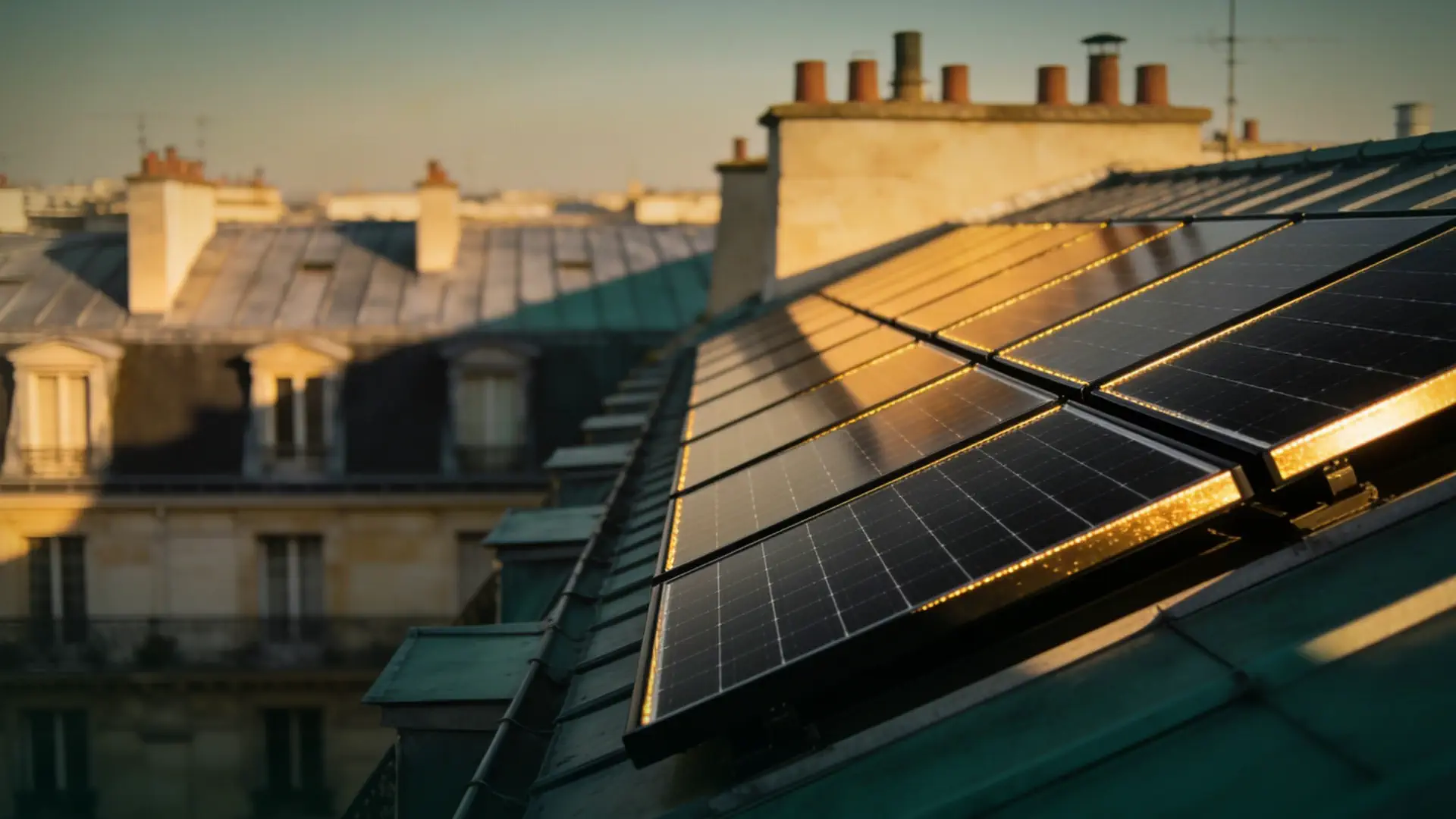 Panneaux solaires sur un toit en zinc parisien au soleil couchant, cheminées et immeubles haussmanniens en arrière-plan