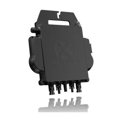 Micro-onduleur APsystems DS3 noir à deux entrées, vu de trois quarts avec ses connecteurs MC4