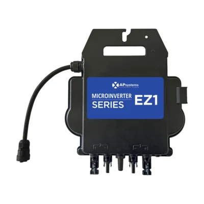 Micro-onduleur APsystems EZ1 noir avec étiquette bleue EZ1 et câble de sortie AC