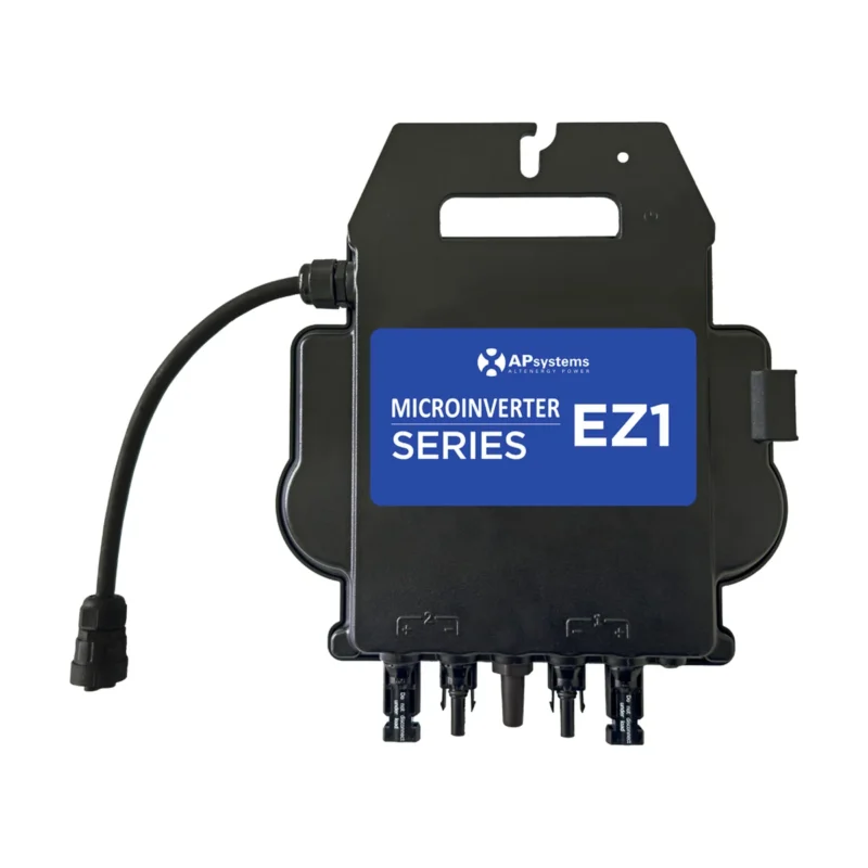 Micro-onduleur APsystems EZ1 noir avec étiquette bleue EZ1 et câble de sortie AC