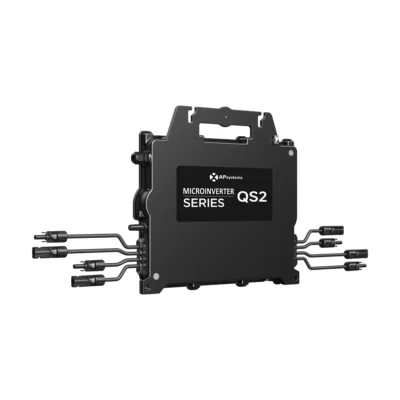 Micro-onduleur APsystems QS2 noir avec étiquette QS2 et quatre paires de câbles MC4