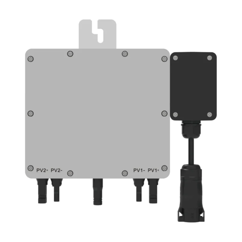 Micro-onduleur Deye SUN-M80G4, boîtier gris à ailettes avec boîtier de raccordement noir et câble AC