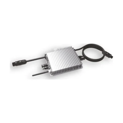 Micro-onduleur Deye SUN600G3, boîtier gris à ailettes avec antenne, câble AC et connecteurs MC4