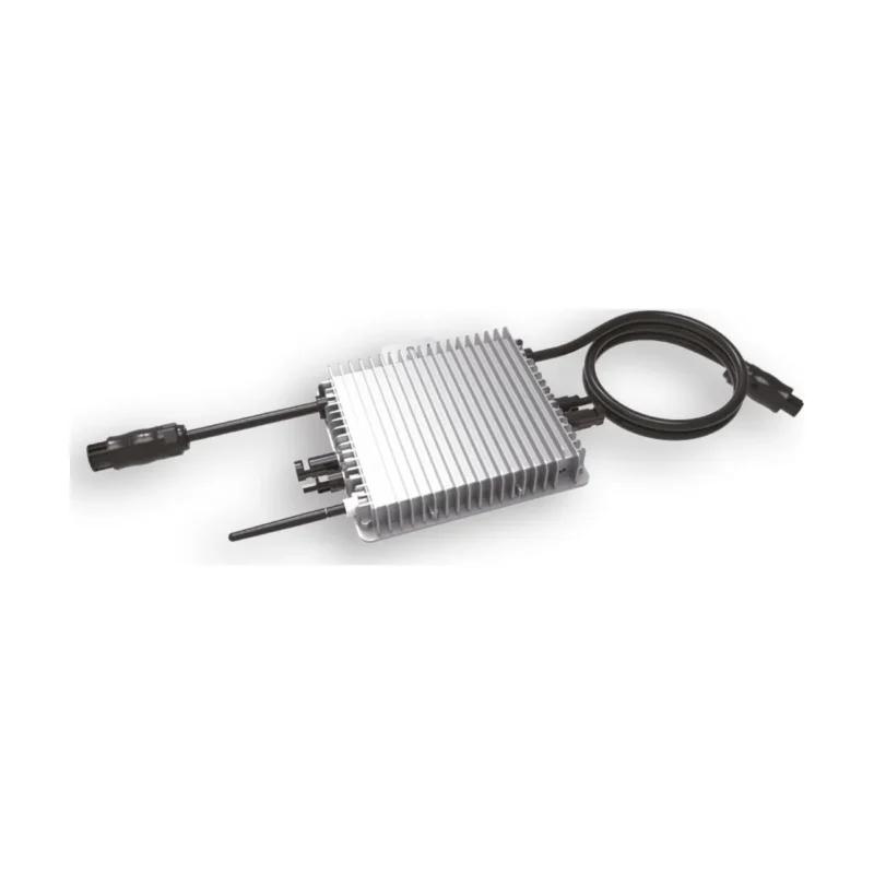 Micro-onduleur Deye SUN600G3, boîtier gris à ailettes avec antenne, câble AC et connecteurs MC4