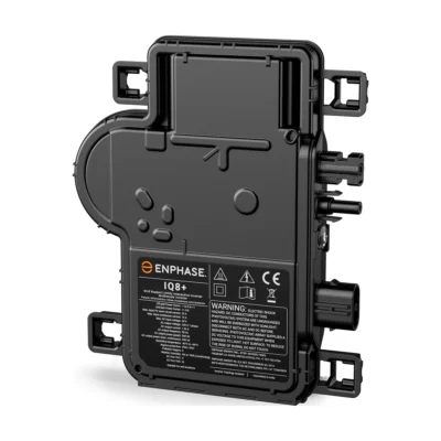 Micro-onduleur Enphase IQ8 noir, boîtier compact avec étiquette Enphase et connecteurs MC4
