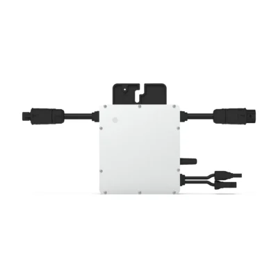 Micro-onduleur Hoymiles HM-400, boîtier gris clair avec câble AC et connecteurs MC4