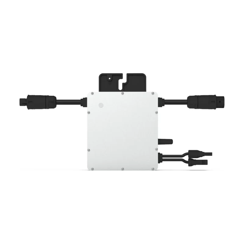 Micro-onduleur Hoymiles HM-400, boîtier gris clair avec câble AC et connecteurs MC4