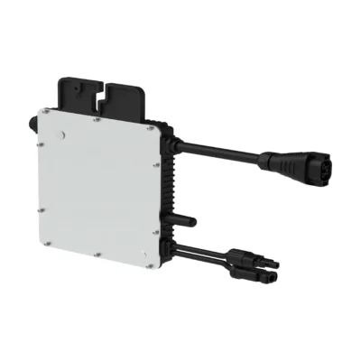 Micro-onduleur Hoymiles HMS-1T, boîtier gris clair avec câble AC et deux connecteurs MC4