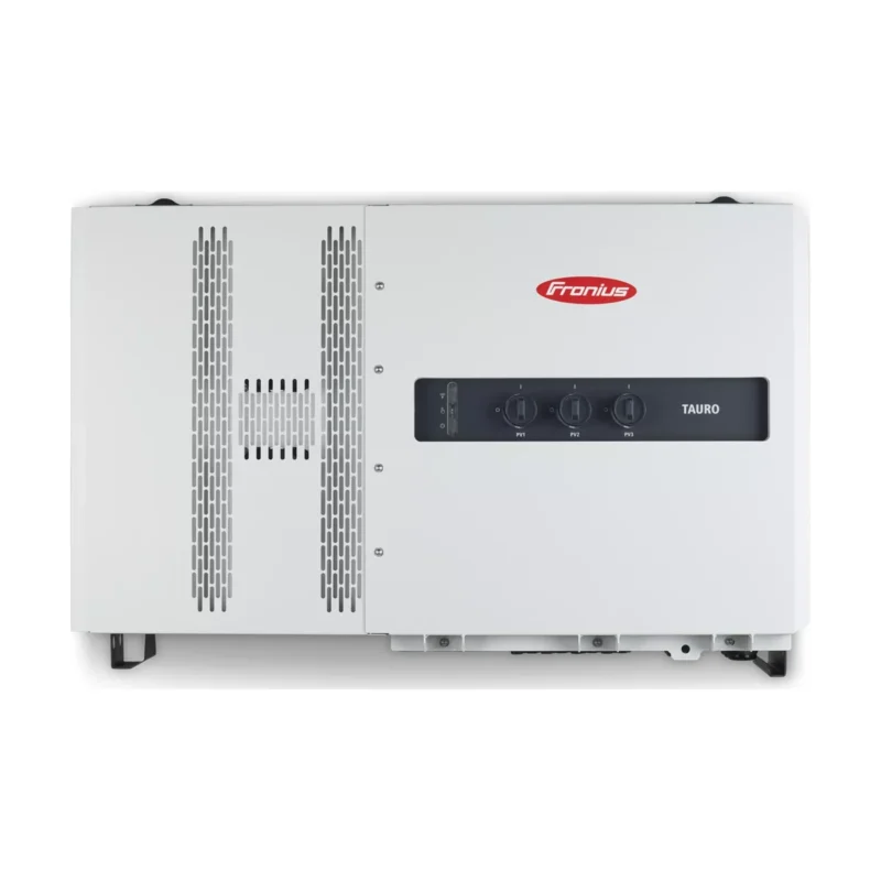 Onduleur Fronius Tauro 50-3-P triphasé, boîtier gris clair à grilles d'aération et bandeau noir à trois sectionneurs