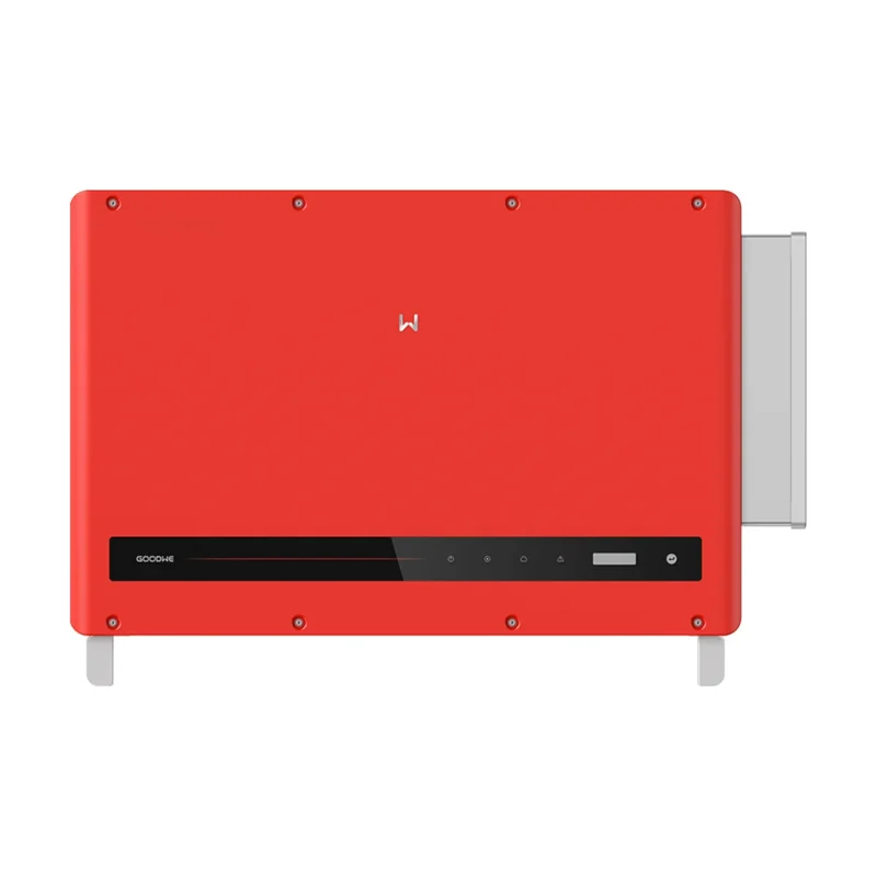 Onduleur GoodWe HT 100 kW triphasé, boîtier rouge et blanc avec écran et sectionneurs