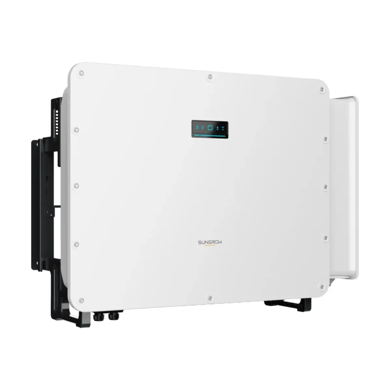 Onduleur hybride Sungrow SH125CX triphasé, boîtier blanc avec écran, radiateur latéral et support de fixation
