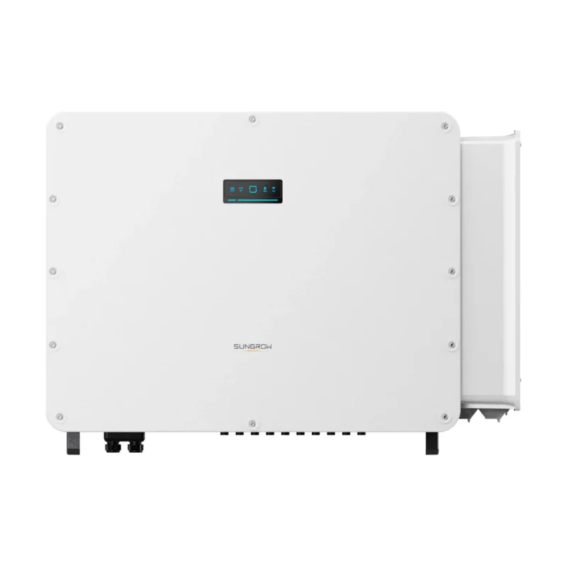 Onduleur hybride Sungrow SH50/80CX triphasé, grand boîtier blanc vu de face avec écran et logo Sungrow