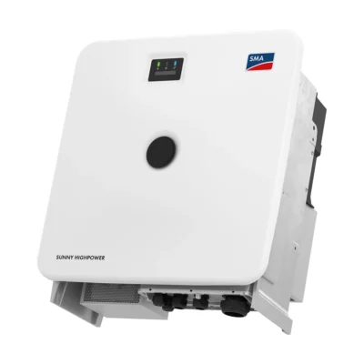 Onduleur SMA Sunny Highpower PEAK3, boîtier blanc carré avec bouton central noir et logo SMA