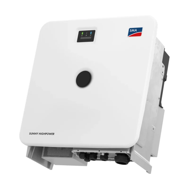 Onduleur SMA Sunny Highpower PEAK3, boîtier blanc carré avec bouton central noir et logo SMA