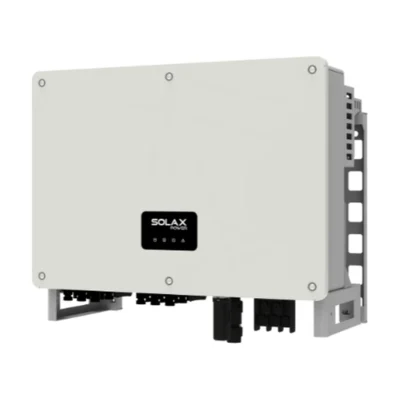 Onduleur SolaX X3-MEGA G2 triphasé, grand boîtier gris clair vu de trois quarts avec presse-étoupes en bas