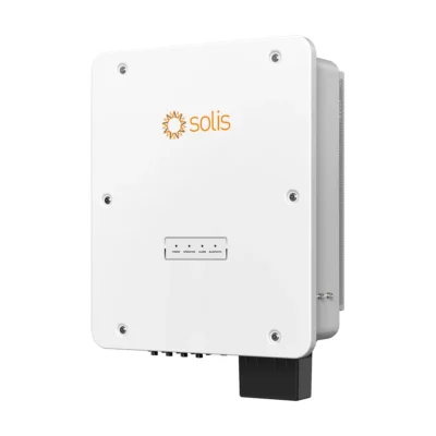 Onduleur Solis S6-GC3P triphasé, boîtier blanc à coins arrondis, logo orange et quatre voyants