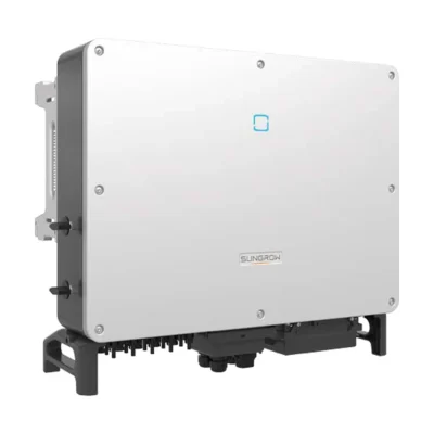 Onduleur Sungrow SG33CX triphasé, boîtier gris clair à voyant bleu monté sur son support