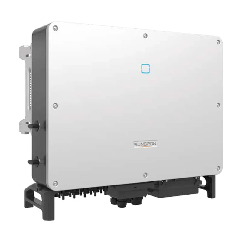 Onduleur Sungrow SG33CX triphasé, boîtier gris clair à voyant bleu monté sur son support