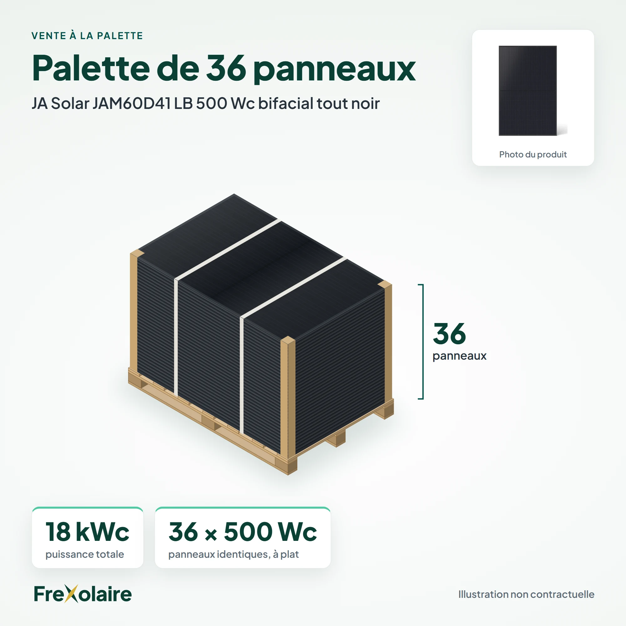 Palette de 36 panneaux JA Solar JAM60D41 LB 500 Wc bifacial tout noir – illustration non contractuelle