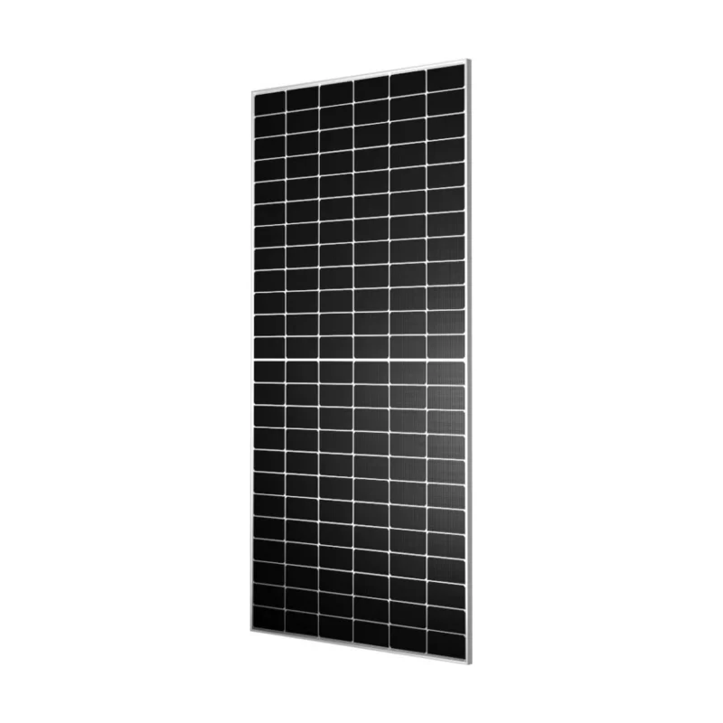 Panneau solaire Tongwei TWMND-72HD 575 Wc vu de trois quarts, 144 demi-cellules et cadre aluminium argent