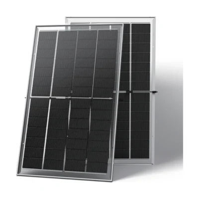 Panneau solaire Trina Honey bi-verre translucide à cadre argent, vu de face et de dos